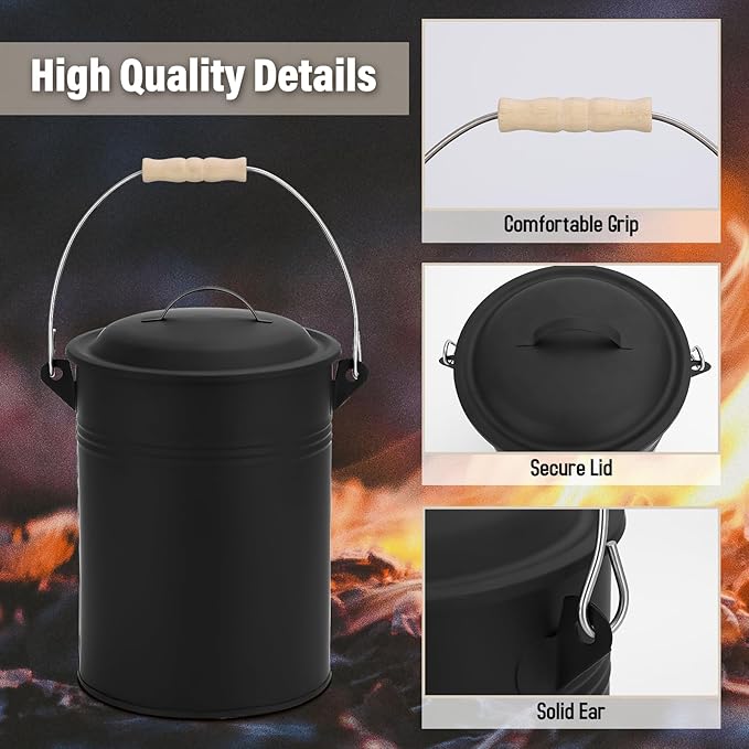 FEED GARDEN 2.5 Gallon Ash Bucket with Lid,Shovel,Broom and Screwdriver,Bucket Ash Can for Fireplace Fire Pits,Wood Stoves,Fireplace Galvanized Iron Bucket,Pellet Charcoal,Indoor Outdoor，Black