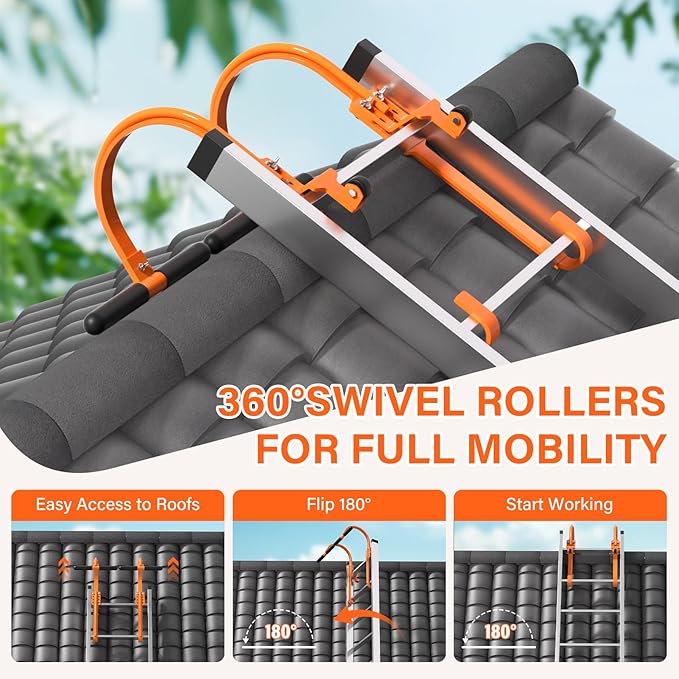 2 Pack Ladder Hooks for Roof Ridge with Wheel,Heavy Duty Ladder Roof Hook with Rubber Grip T-Bar,Upgrade Load-Bearing Steel Bars Extension Ladder Stabilizer for 500 lbs Weight (Patent Pending)