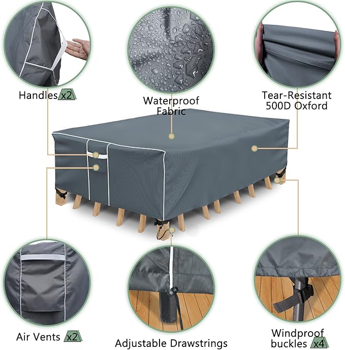 Gasadar Rectangular Patio Furniture Covers, Waterproof Outdoor Furniture Cover for Outdoor Dining Table and Chairs General Purpose, 600D Heavy Duty, 98" L x 78" W x 28" H, Grey