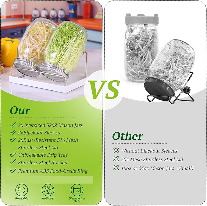 Sprouting Kit,Seed Sprouting Jar Kit,2Pcs Large Wide Mouth Mason Jar with 304 Stainless Steel Screen Sprout Lid,Sprout Jar Stand,Tray,Blackout Sleeves,Sprouts Growing Kit for Broccoli,Mung Bean
