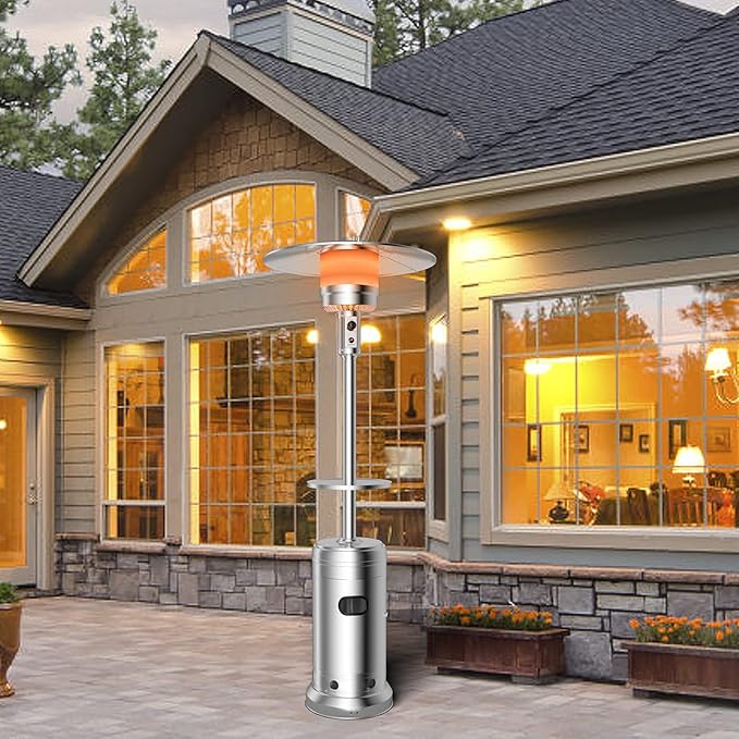 Tangkula 48,000 BTU Propane Heater with Wheels, Outdoor Heater with Shelf Tabletop, Stainless Steel Burner, Auto Shut Off & Tip-Over Protection, Portable Patio Heater for Outdoor Use