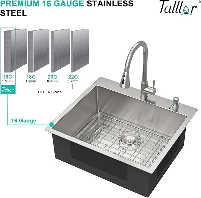25 Inch Drop In Kitchen Sink with Faucet - 25x22 Drop in Kitchen Sink Premium 16 Gauge 304 Stainless Steel Topmount Single Bowl Sinks with Accessories #TLT-0016