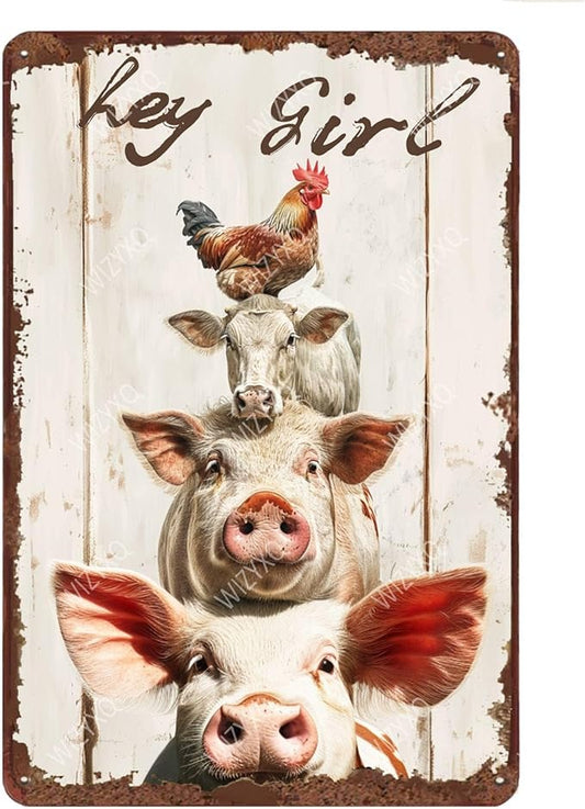 Metal Signs Hey Girl A Group Of Chicken Sheep Pig Sign Vintage Aluminum Sign for Home Office Kitchen Bar Cafe Garden Wall Decor 12x8 Inch