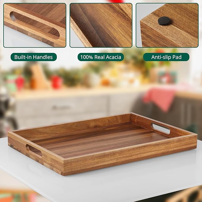 2 Pack Acacia Wood Serving Tray with Handles - 17 Inch Large Wooden Tray for Ottoman, Breakfast in Bed, Dinner, Coffee Table