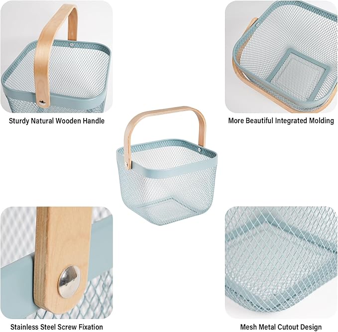 Metal Mesh Steel Harvest Basket, Square Wire Garden Basket with Handle – Multi-Functional Storage Organizer for Gathering Vegetables, Fruits, Kitchen, Garden, Picnic & Cabinet (Aqua)
