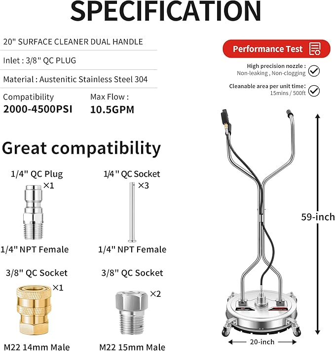 20" Pressure Washer Surface Cleaner with 5 Nozzles Water Broom - Stainless Steel Surface Cleaner for Pressure Washer Attachment for Concrete, Patio, Sidewalk, Deck and Driveways, 4000 PSI