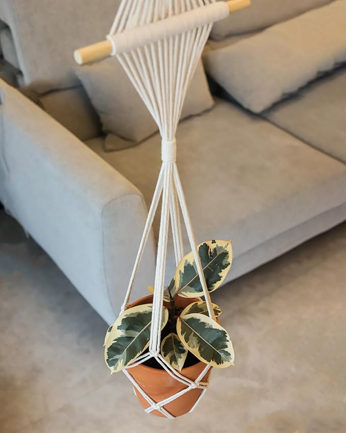 2Pcs Macrame Plant Hangers Indoor Macrame Hanging Planters Large for up to 10 inch Pot No Tassels Long Crochet Boho Plant Hanger Holder for Indoor Outdoor Plants with 2 Hooks(White Wood Hanger)