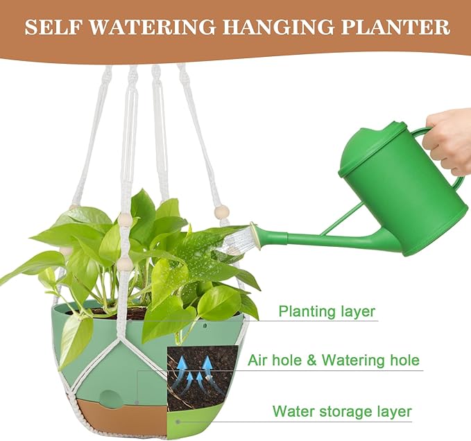 3 Pack Hanging Planters for Indoor Plants, 10 + 10 + 8 Inch Self-Watering Hanging Plant Pot, Macrame Plant Hanger with Pot, Ceiling Hooks, Removable Saucer and Drainage Holes for Garden Home - Green