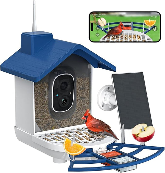 Bird Feeder with Camera, Bird Feeders for Outdoors with Solar Panel, AI Identification, Ideal Gift for Lovers Friends and Parents, Navy Blue