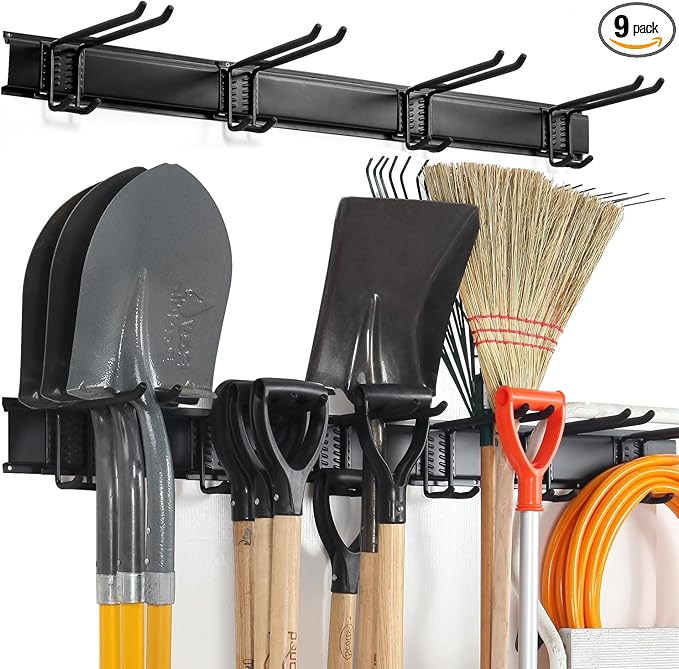Wall Mount Tool Storage Rack, Heavy Duty Garage Storage Tool Organizer, Garden Tool Wall Hooks and Hangers, Hold Up to 350lbs (Black 6pcs)
