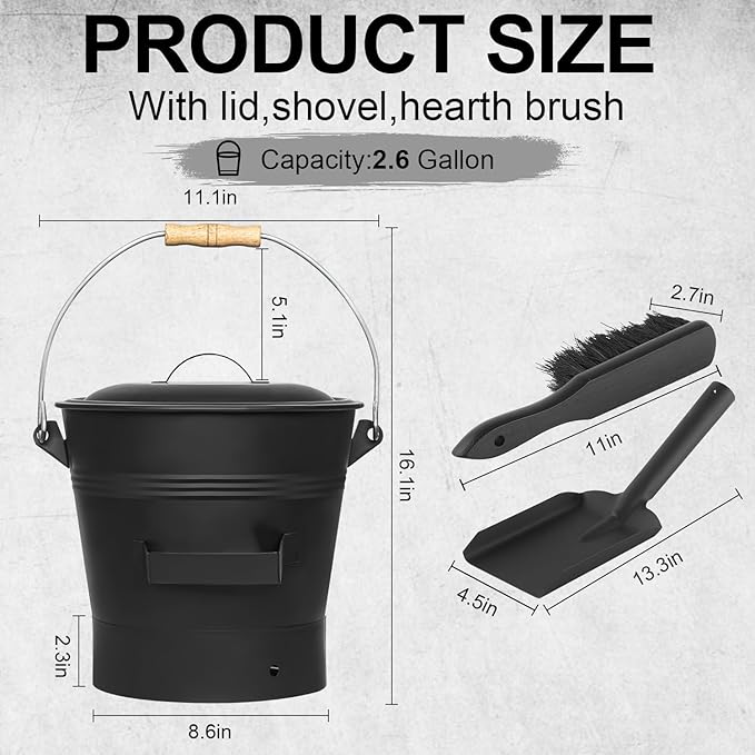 Ash Bucket with Lid, Shovel and Hand Broom, 2.6 Gallon Fireplace Metal Bucket Reinforced Base & Ash Can, Fire Pit,Wood Burning Stove for Fireplace, (Ash Bucket-2.6Gallon)