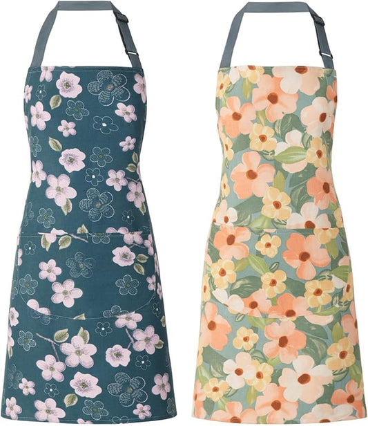 2 Pack Floral Apron for Women with Pockets, Adjustable Cotton Chef Aprons for Kitchen, Cooking, BBQ & Grill