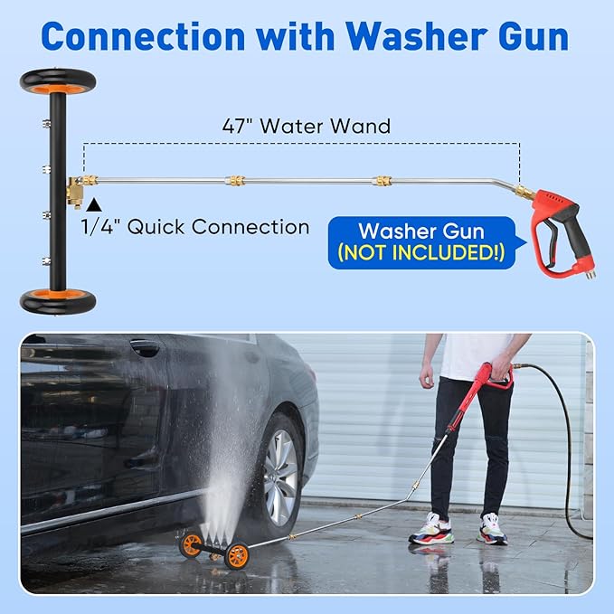 2-in-1 16' Undercarriage Pressure Washer Water Broom, 4000PSI Under Car Pressure Washer Attachment with 3 Pieces Extension Wand & Hub Brusher, Surface Cleaner (without Bottle& Replaceable Nozzle)