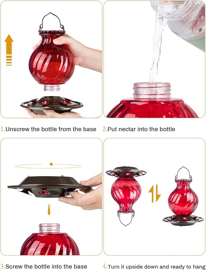Hummingbird Feeder, Auslar 26 Ounces Glass Hummingbird Feeders for Outdoors Hanging Ant and Bee Proof, Ant Moat & 5 Flower Feeding Ports, Rustproof, Leakproof, Netted Flower Bud Shape Bottle, Red