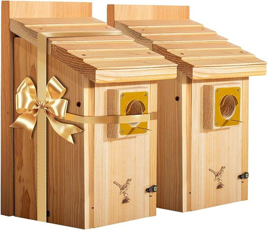 2pk XXXLL Bluebird Houses for Outside,Heavy Duty Western Red Cedar Bird House Birdhouses for Outdoor,Wall Tree Pole Mountable,1.5” Metal Predator Guard Hole 13/16" Thickness,Base Mesh Assembling Need