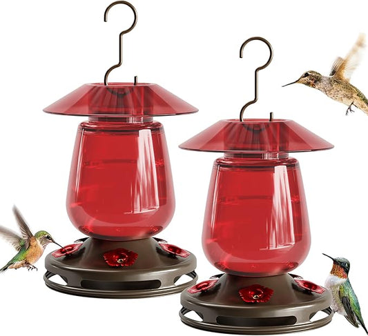 Auslar 16 Ounces Glass Hummingbird Feeders for Outdoors Hanging, Red Hummingbird Feeder with 5 Flower Feeding Ports & Bilt-in Ant Moat, Rustproof, Leakproof, Barn Lantern Shape, 2 Pack