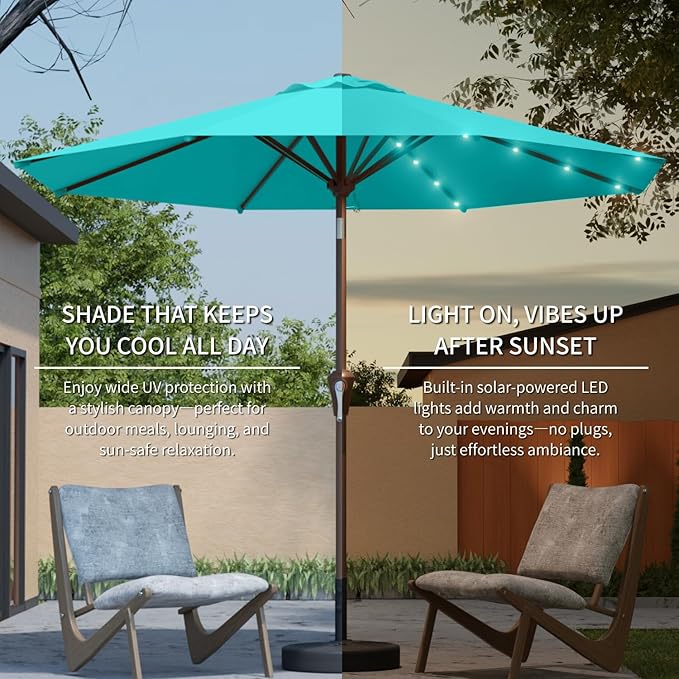 10FT Solar Umbrella 32 LED Lighted Patio Umbrella Table Market Umbrella w/Tilt and Crank, UV-Resistant Outdoor Umbrella for Pool, Garden, Deck, Aqua Blue