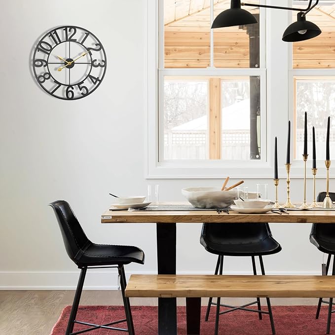 Indoor Outdoor Large Patio Decorative Wall Clock Silent Non Ticking Battery Operated, 16 Inch Modern Black Metal Wall Clock for Pool Area, Living Room, Farmhouse, Kitchen