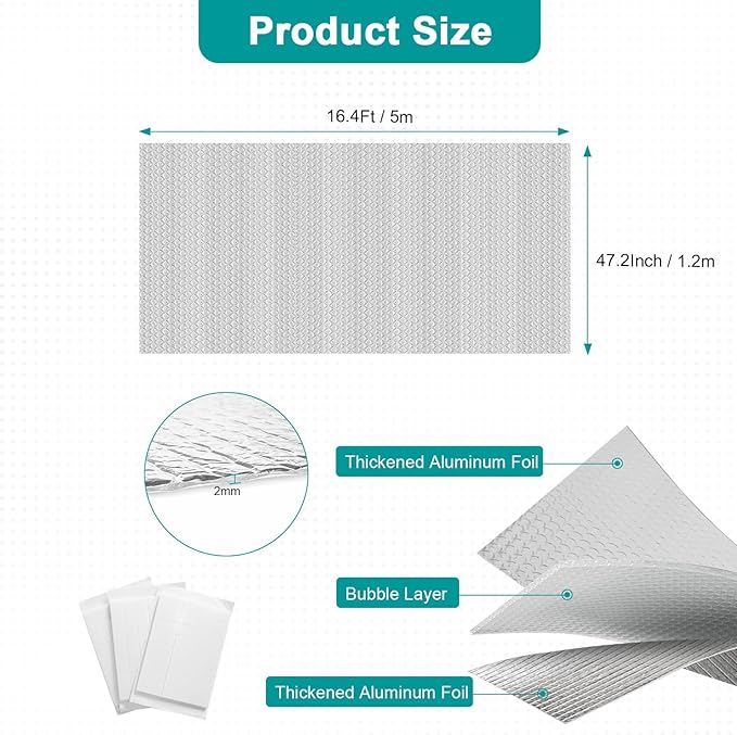 Reflective Insulation Roll 47.2 in X 16.4 FT, Window Insulation for Summer Heat, Double Side Aluminum Foil Bubble Shield for Windows, Roof, Garage Door