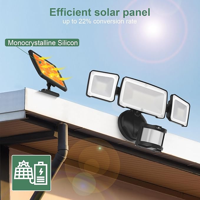 GLORIOUS-LITE Solar Security Lights 2400mAh LED Motion Sensor Light Outdoor, Rechargable 1600lm Solar Flood Light, 5500-6000K, IP 65 Waterproof for Garage, Yard, Porch, Entryways - Black