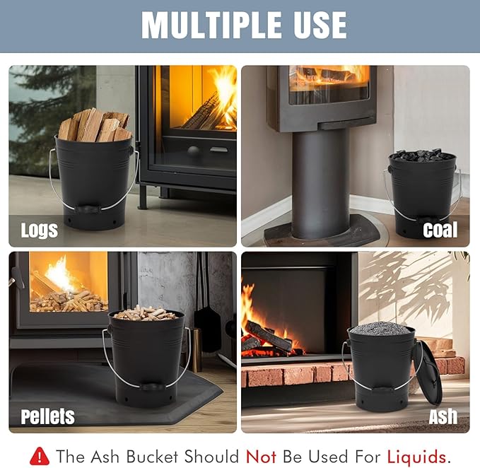 INNO STAGE Ash Bucket with Lid and Wood Handle Coal Shovel, Ash Carrier Pail Fireplace Tools,Fire Pit,Wood Burning Stove Black