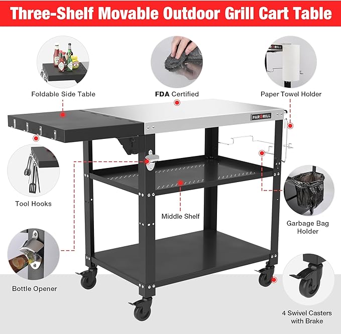 46.6" L x 20" W Three-Shelf Outdoor Grill Table, 4 Swivel Casters with Brake, Movable Outdoor Prep Table with Foldable Side Table, Stainless Steel Pizza Oven Table, BBQ Grilling Table