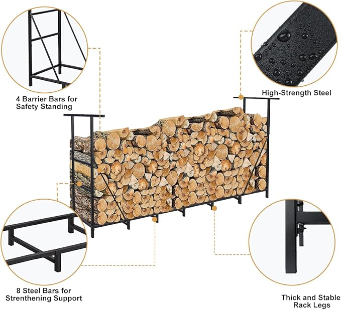 Vailge Firewood Rack Outdoor 8FT with Waterproof Firewood Carrier Bag, Adjustable Heavy Duty Steel Firewood Holder Storage, Log Rack for Fireplace, Fire Pit, Backyard, Camping