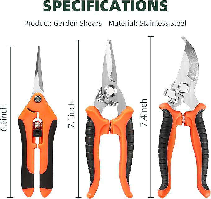 3 Pack Garden Pruning Shears, Stainless Steel Shears, Gardening Shears, Scissors, Garden Clippers, Pruning Snips, Pruning Shears for Gardening Tools(Orange)