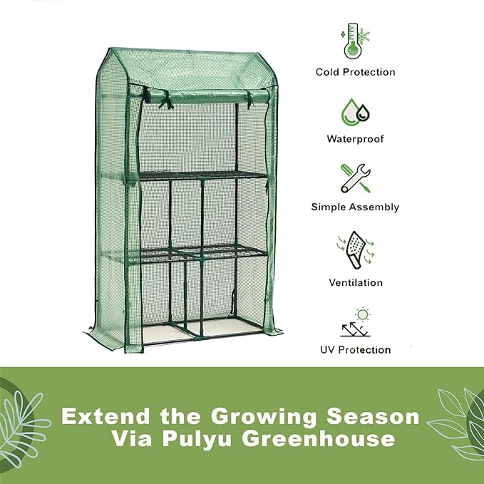 Mini Greenhouse for Indoor Outdoor, Small Plastic Plant Green House Rack Stand Portable Greenhouses with Durable PE Cover for Seedling 60 "x 35"x 16",20 Pcs T-Type Plant Tags Include（PLGH4053G）
