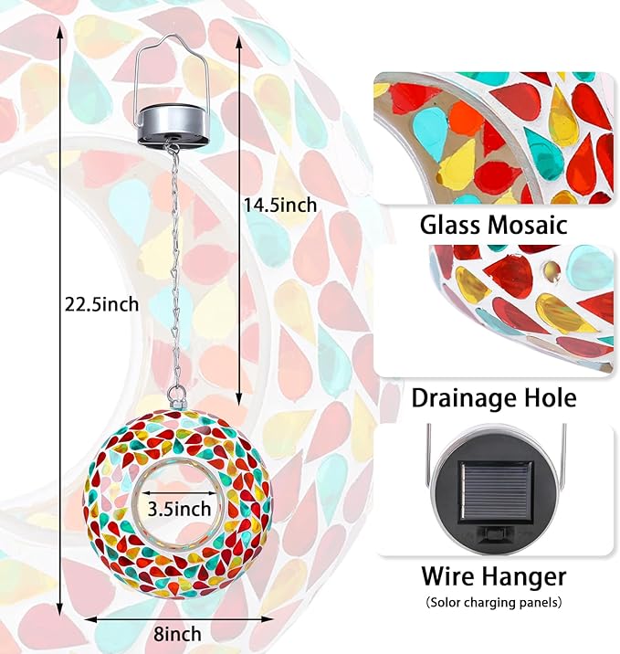 Yinns 9.5Inch Solar Mosaic Bird Feeder for Outside Hanging, Glass Birdfeeder with Round Shape Container, Bird Feeders Garden Decor