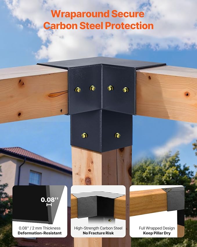 VEVOR Pergola Kit, 4x4 Inch Pointed-Roof Pergola Brackets for 3.5x3.5 in Lumbers in Actual Size, 3-Way / 4-Way Gazebo Bracket with Post Bases & Ridge Brackets for Outdoor Pergolas Gazebo Shed, 14 Pcs