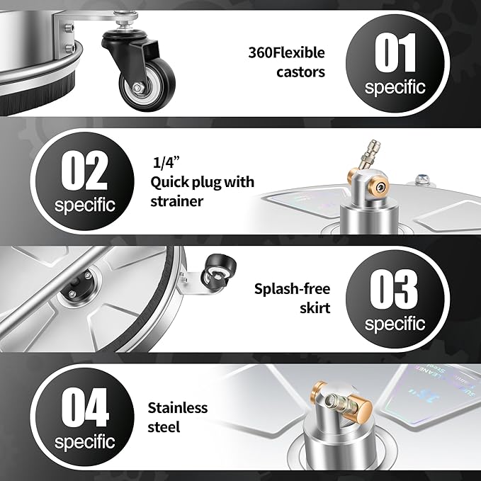 15" Pressure Washer Surface Cleaner with 4 Wheels - Stainless Steel Surface Cleaner for Pressure Washer Attachment for Concrete, Patio, Sidewalk, Deck, Driveways and Daily Washing - PWS 15