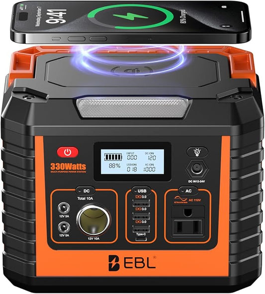 EBL Portable Power Station 300, 110V/330W Pure Sine Wave Solar Generator (Solar Panel Not Included) - Peak 600W Backup Lithium Batteries AC Outlet for Blackout Outdoors Camping Hunting Travel
