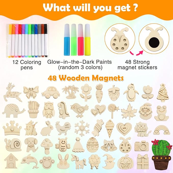 Worgree 48 Pcs DIY Wooden Magnets, Wooden Art Craft Supplies Painting Kit for Kids Ages 4-8 8-12 Glow in The Dark Party Favors Goodie Bag Stuffers Birthday Gifts Toys for Boys Girls