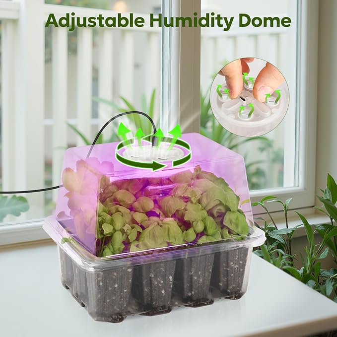 MIXC Seed Starter Kit with Grow Light, Elevated Seedling Tray Kit with Adjustable Humidity Dome and Clear Cell Tray, 12 Full Spectrum Led Beads for Seed Starting Greenhouse, 4 Pack, Transparent