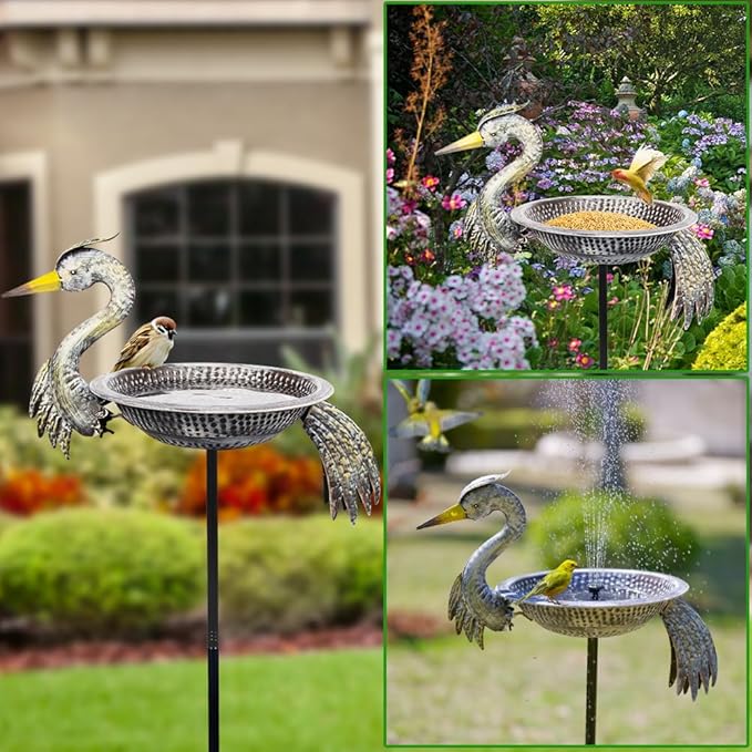 Metal Bird Bath with Stake, 13" Dia Crane Bird Baths for Outdoors, Freestanding Birdbath & Birdfeeder for Outside Garden Yards Lawn Decor, 46 Inch Tall