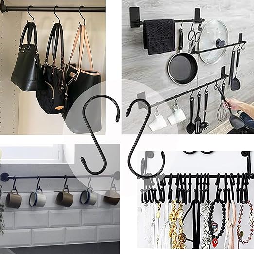 24 Pack 6 Inch S Hook, Large Vinyl Coated S Hooks with Rubber Stopper Non Slip Heavy Duty S Hook, Steel Metal Black Rubber Coated Closet S Hooks for Hanging Jeans Plants Jewelry Pot Pan Cups Towels