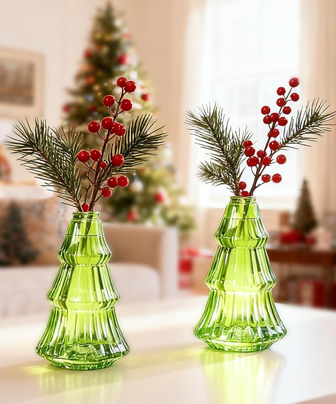 Nacome 2Pcs Tree-Shaped Glass Plant Terrarium,Planter Propagation Station Christmas Tree Decorations for Hydroponics Home Office, Unique Gifts for Plant Lovers Women Mom(Green)