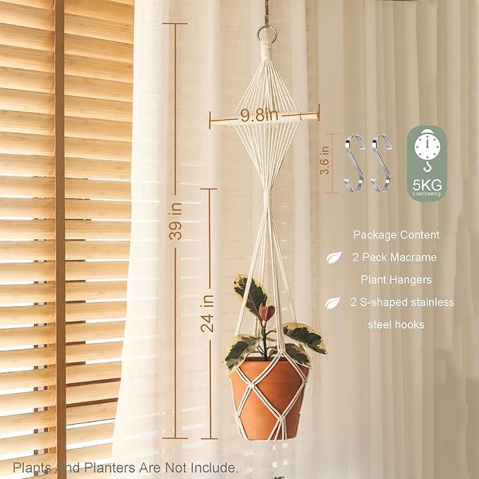 2Pcs Macrame Plant Hangers Indoor Macrame Hanging Planters Large for up to 10 inch Pot No Tassels Long Crochet Boho Plant Hanger Holder for Indoor Outdoor Plants with 2 Hooks(White Wood Hanger)