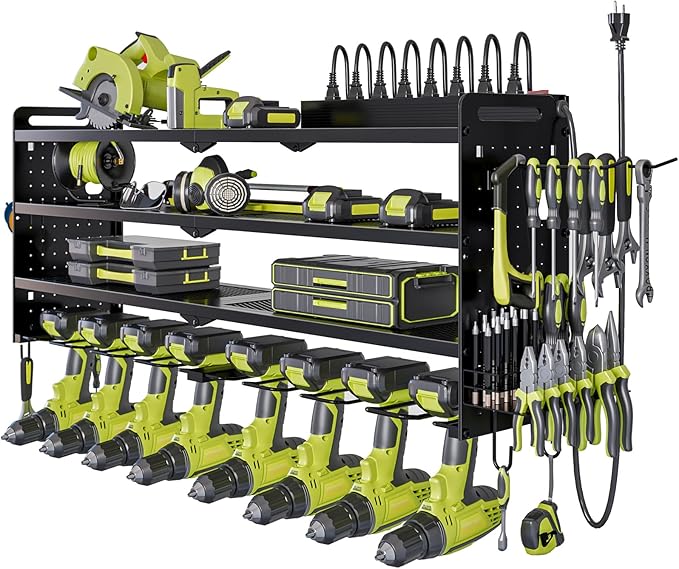Power Tool Organizer Wall Mount with Charging Station,Cordless Tool Organizer 8 Drill Holder, 4 Layer Storage Rack for Garage Organization,Tool Holder with 8 Outlet Power Strip (Black)