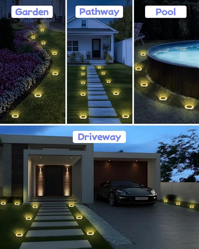 Mini Solar Ground Lights 2 Pack Outdoor IP65 Waterproof Solar Flat Garden Light Solor Powered Disc Pathway Lights for Outside Walkway Yard Landscape Patio Lawn Driveway-Warm White