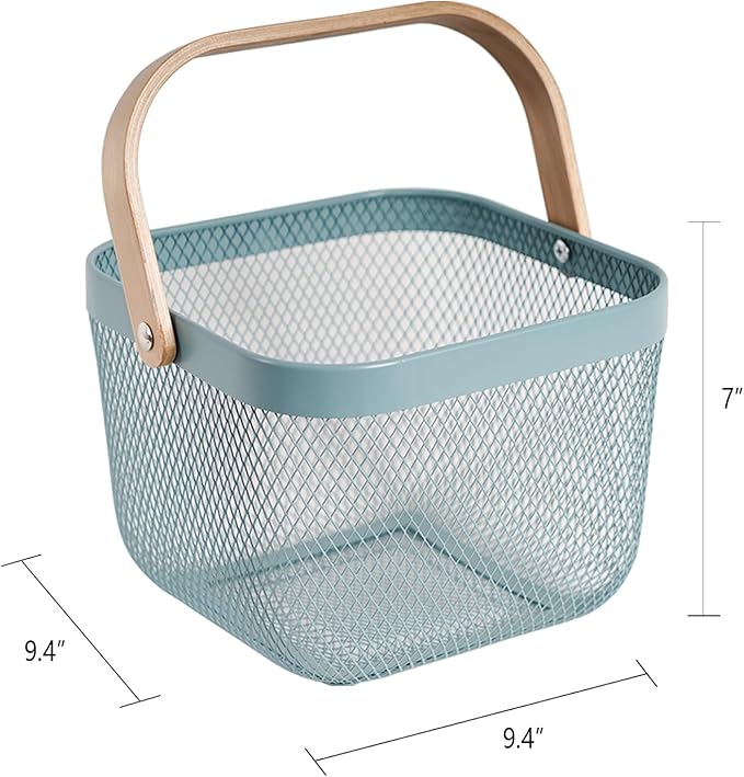 Metal Mesh Steel Harvest Basket, Square Wire Garden Basket with Handle – Multi-Functional Storage Organizer for Gathering Vegetables, Fruits, Kitchen, Garden, Picnic & Cabinet (Aqua)