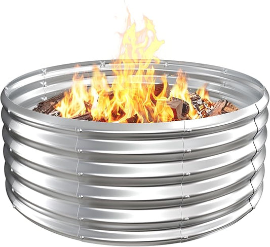 Metal Fire Pit Ring/Bonfire Fire Ring- 40 Inches Diameter, 0.8 MM Thick,1.5 ft High, Durable and Stylish for Outdoor Fire Pits,Patios and Camping (Silver, 3.3X3.3X1.5 ft)