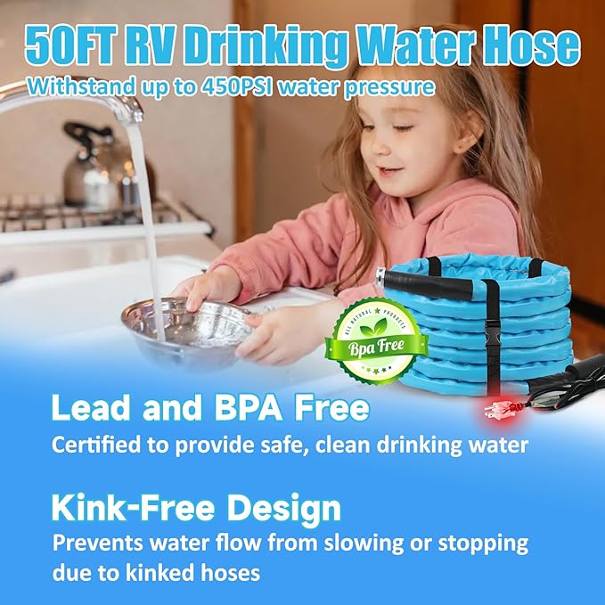 OEBLD Heated Water Hose for Rv (50ft L x 5/8"ID) 4.0 Upgraded Function with Energy Saving Thermostat to Keep Drinking Water Running in down to -45℉, Designed for Campers,with Storage Bag, Anti-Freeze