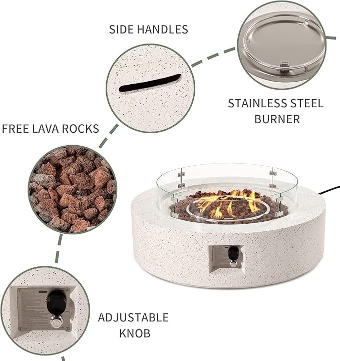 COSIEST Outdoor Propane Fire Pit Coffee Table w Beige 42 inch Round Base Patio Heater, CSA Certified, 50,000 BTU Stainless Steel Burner, Wind Guard, Tank Outside, Free Lava Rocks, Waterproof Cover