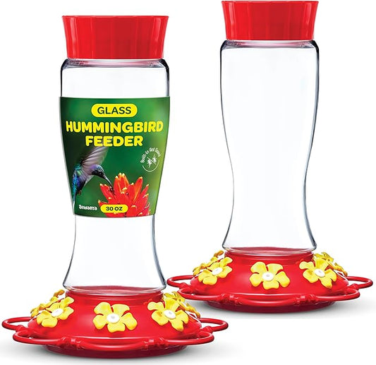 Hummingbird Feeder 30 oz [Set of 2] Glass Hummingbird Feeders for Outdoors - with Built-in Ant Guard - Circular Perch with 7 Feeding Ports - Wide Mouth for Easy Filling/2 Part Base for Easy Cleaning