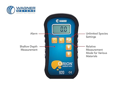 Orion® 920 Pinless Wood Moisture Meter by Wagner Meters I Accurate, Non-Damaging, Shallow Depth Lumber Moisture Measurement, On-site Calibration (Standard Calibrator)