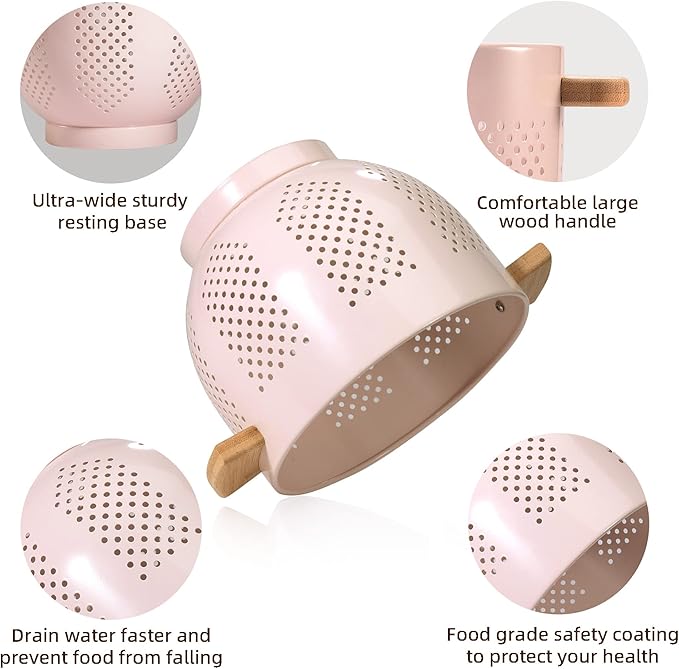 Metal Colander with Wood Handle and Stable Base, Powder Coated Steel Kitchen Strainer Basket for Draining Pasta, Vegetable and fruit(5.5quart,Pink)
