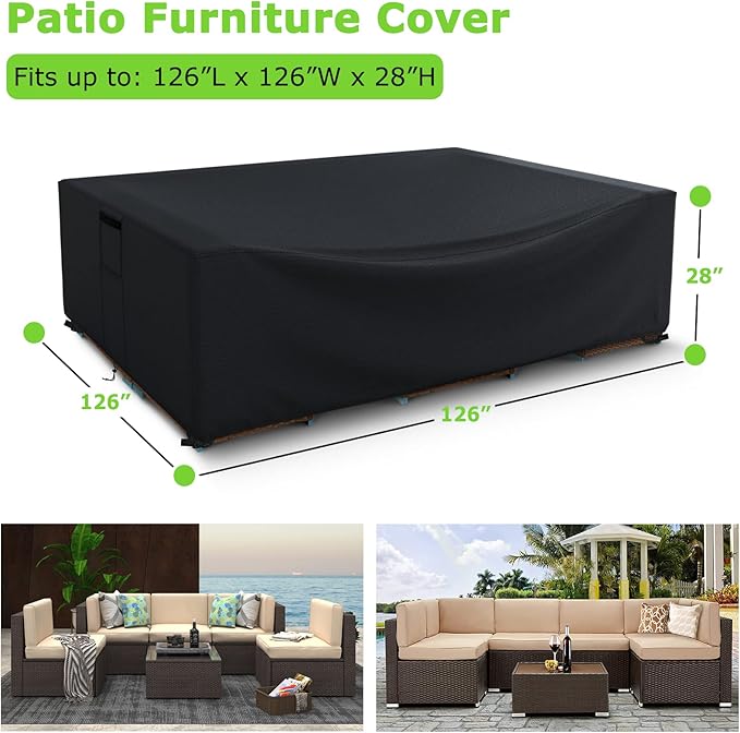 Patio Furniture Covers Waterproof, Heavy Duty 600D Outdoor Furniture Covers for Outside Sectional Sofa Set,Tear Resistance and Anti-UV, Black,126"L x 126"W x 28"H