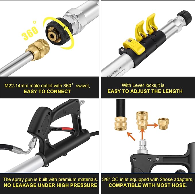 18FT Telescoping Pressure Washer Wand, Pressure Washer Extension Wands, Power Washer Gutter Cleaner with 5 Spray Nozzle Tips, 2 Hose Adapters